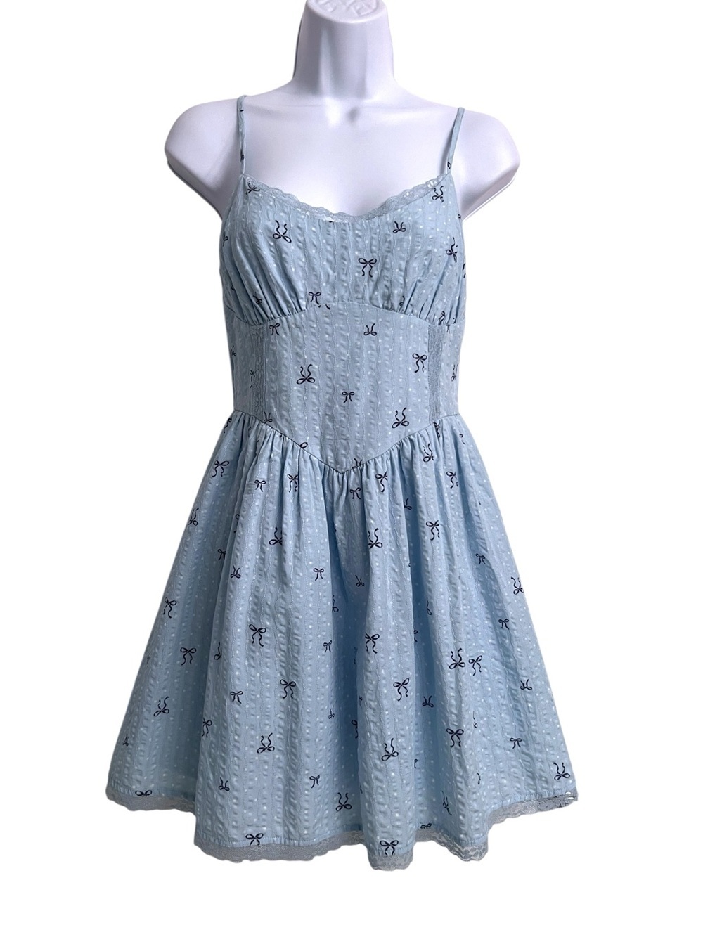 Love, Fire Light Blue Dot And Bow Print Feminine Coquette Mini Dress Size Small